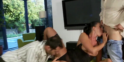 Slutty brunette cougar is fucked by two horny neighbors