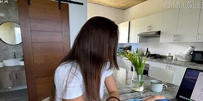 Classmates studied at home and hot brunette seduced guy by her tits