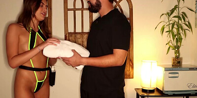 Selina Bentz sucking and jerking on the massage table