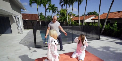 Boy makes chicks in Easter Bunny suits moan in pleasure