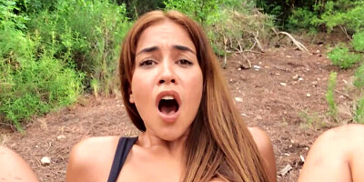 Spanish hottie meets the stranger who throws her a leg in forest