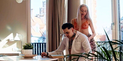 Fine blonde is going to take his cock on the table