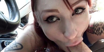 Redhead teen Violet Monroe is sucking a driver's big penis