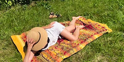 Husband watches wife in dress fuck and get creampie from his friend in public field