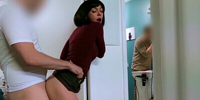 Step mom fucks her new son while husband is shaving beside, she swallow his cum!