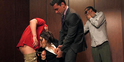 Slutty secretary gets stuck in elevator with two fuckers
