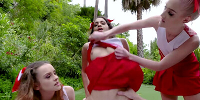 Lucky coach seduced by three young and naughty cheerleaders