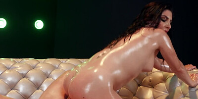 Oiled up brunette Keira Croft gets fucked in the asshole
