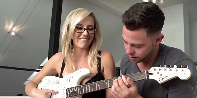 Sensual sex of blonde chick with glasses and musician