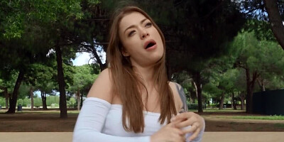 Babe with amazing tits is giving outdoor blowjob