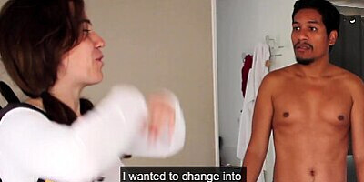 Stepniece got surprised! walk naked around the house