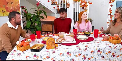 Redhead Step Sisters Arietta Adams & Cherry Fae Share Stud After Thanksgiving Lunch - FamilyStrokes