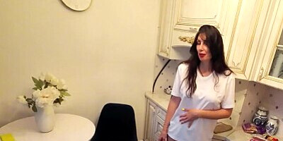 Stepmom without panties cooks breakfast for stepson