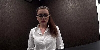 Beautiful secretary pleasing an angry customer with hot blowjob at reception