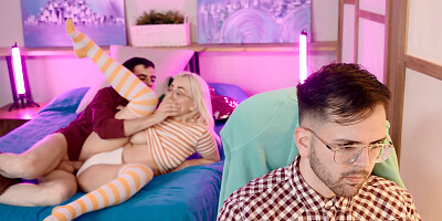 Nerdy chick fucks with boyfriend's pal behind his back