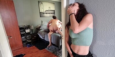 Our horny roommate SECRETLY watching and MASTURBATING as my BF and I fuck each other
