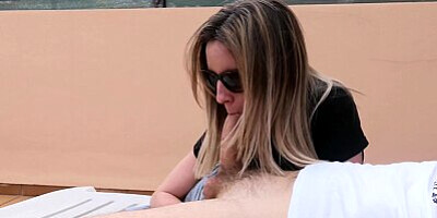 Risky public blowjob with neighbors around