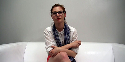 Czech brunette with glasses blows big penis at casting
