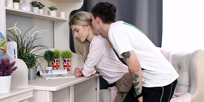 Cute blonde distracted and satisfied by her man