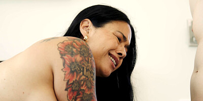 Inked cougar is licked and fucked by a horny stepson