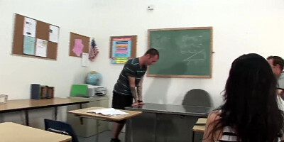Classroom gangbang session with a slutty teen girl in the main role