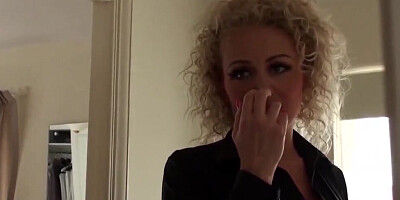 Mature blonde Lady Rebecca rubs her cunt while being analyzed