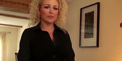 Mature blonde Lady Rebecca rubs her cunt while being analyzed