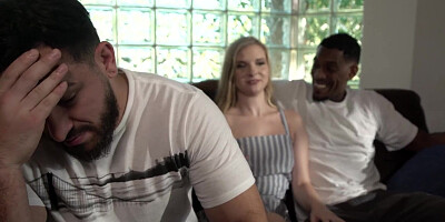 Blonde girl sucks a dick and gets fucked on the couch