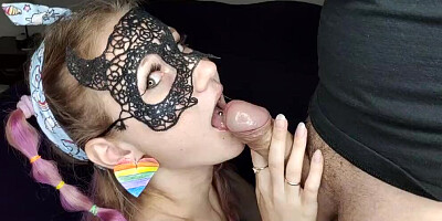 Masked amateur blonde stuffs her lusty mouth with husband's big erection