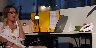 Blonde secretary is in heat and will use the security guard for sex in office