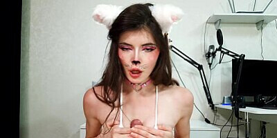 Neko girl sweetly sucked cock after the Halloween party and titfuck, getting cum on her pretty face