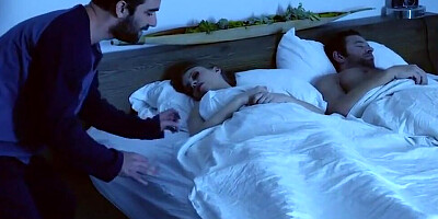 Stepson fucks stepmom Britney Amber right next to his sleeping daddy