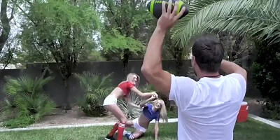 Two bisexual blondes and one horny fellow are having a 3some