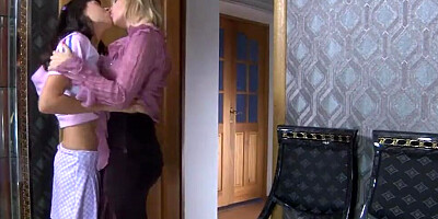 Blonde MILF in stockings is being licked by her stepdaughter