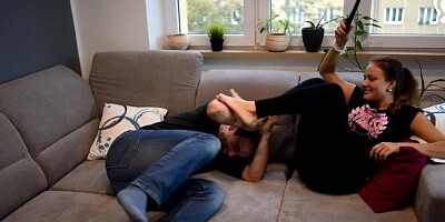 Step-Sister Pushed Foot Smelling footdom, Femdom, Wrestling, Foot Smother, Foot Fight, Long Toes