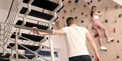 Teen wall-climber brunette takes stiff cock after workout