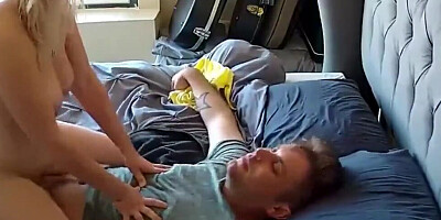 Full-bosomed blonde mature lady is riding her stepson in the morning