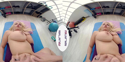 Busty Blondie Fesser is riding a lucky chap's sausage in a VR