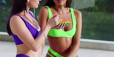 Alluring young babes in sexy bikinis enjoy fucking in a threesome with an older man