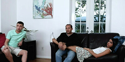 Cheeky stepsister sucks you off in front of stepdad