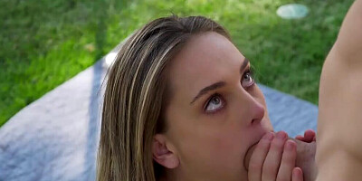 Blonde girl Aften Opal sucks a dick and gets fucked in the yard