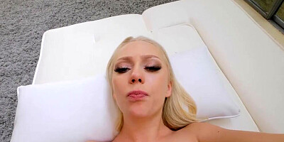 Pretty blonde sucks a big pecker and takes a hammering in POV scene