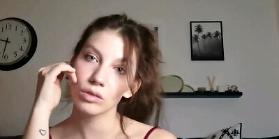 Amateur brunette is teasing her fans with her body while wearing sexy red lingerie