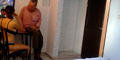 Kinky old man watches while his stepdaughter rides a black cock