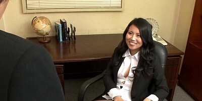 Horny Japanese babe makes love with her partner in the office