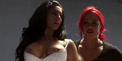 Hot & mean redhead lesbian fucks her busty brunette customer