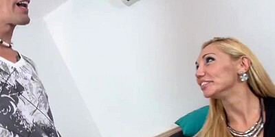 Busty blonde cougar is shared between two big-dicked guys