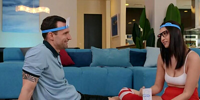 Geeky-looking brunette turns into a horny little hussy once her boyfriend's cock is out