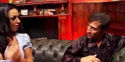 Busty brunette babe sucks hard cock and gets fucked from behind