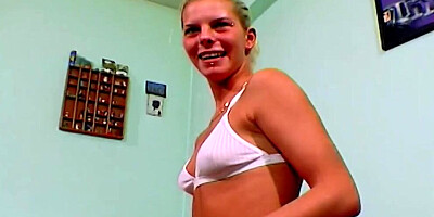 A slim blonde babe from Germany gets banged and sprayed with cum